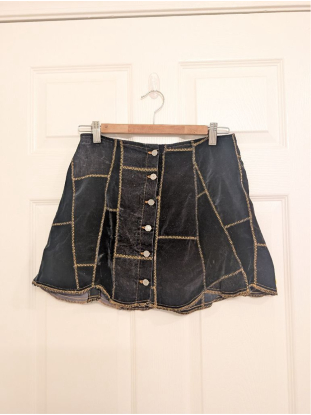 Vintage Black Velvet Patchwork Button Front Mini Skirt